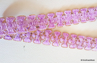 Lilac Purple Lace Trim With Gold Border Piping, Approx. 25mm